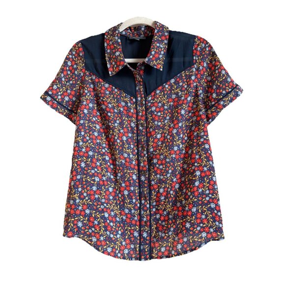 Modcloth Retro Western Ditsy Floral Short Sleeve Button Up Blouse Top Size Large - Picture 1 of 11